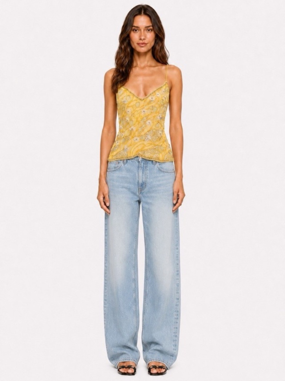 Escada Tank Top V Yellow *Vintage* Daisy-Embroidered Sz 36 100% Silk